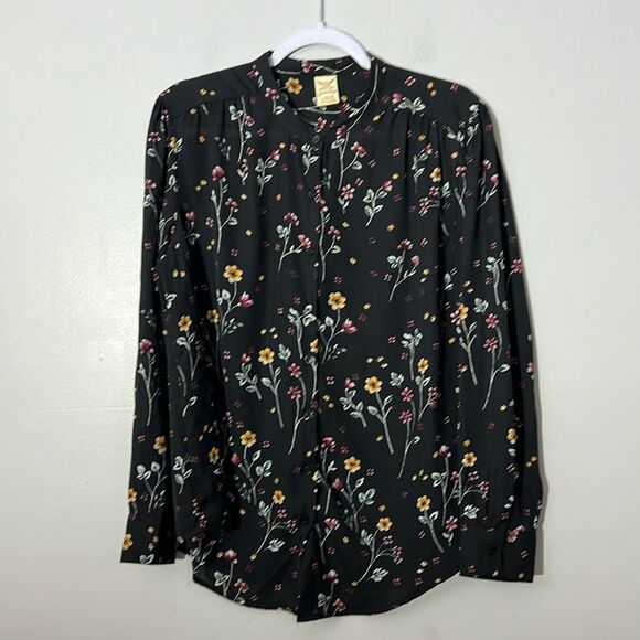 Faded Glory Black Floral Long Sleeve Button Up Blouse Women's L 12/14 - Picture 1 of 4